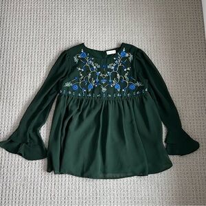 Altar’d State Green Embroidered Blouse with Blue Floral Design